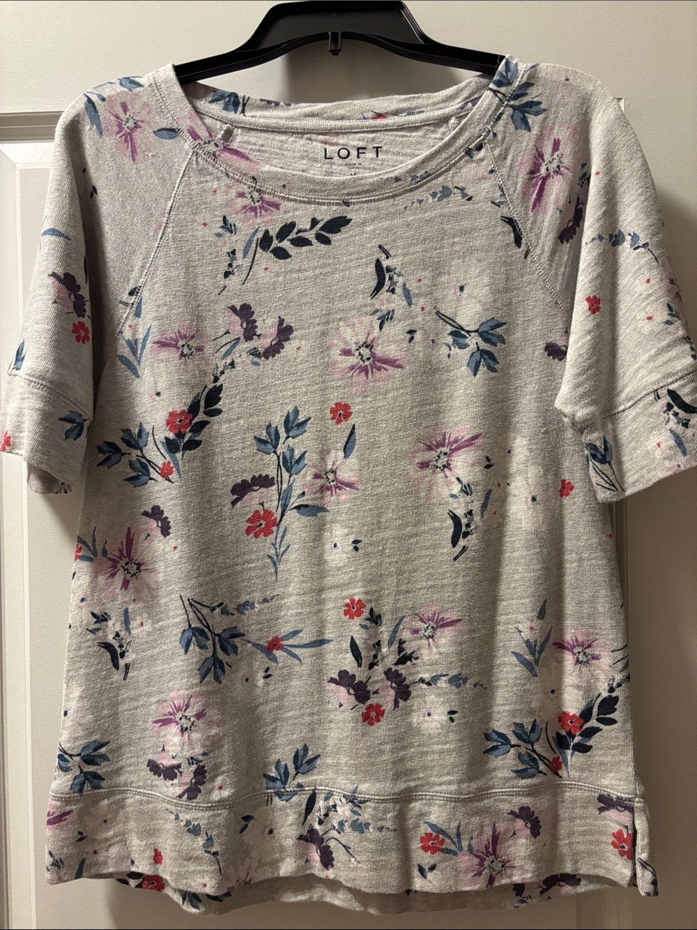 LOFT Cream Floral Short Sleeve Sweatshirt with Pink Blue Purple Accents